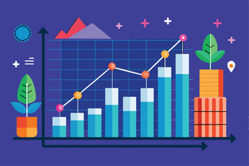 Poster - Traders examine a financial chart depicting the steady growth of share prices over time in a vibrant workspace, Traders show the growth rate of shares