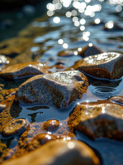 Poster - Intricate Patterns And Vibrant Colors Of River Rocks Are Highlighted Beneath The Surface Of Shallow Water By Capturing Their Interplay With Light.
