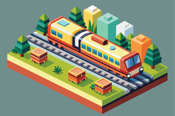 Poster - a colorful isometric train travels through a green landscape with trees and geometric buildings near