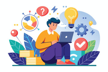 Poster - a person sits on the floor engaging with a laptop, surrounded by graphics that illustrate problem-so