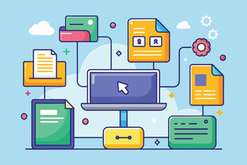  - a colorful illustration displaying various document types and their connection to a computer for fil