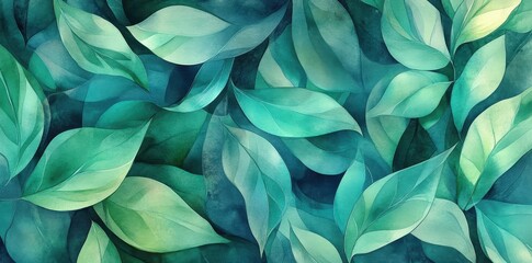 Poster - Artistic depiction of several overlapping green and teal leaves