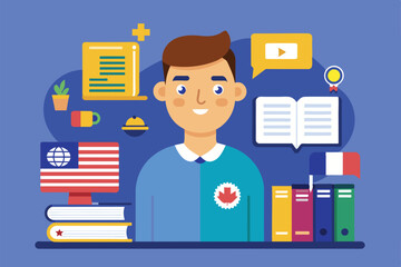 Poster - A translator is depicted with books and icons, showcasing tools for language learning and digital engagement, Translator Customizable Flat Illustration