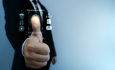 Poster - Fingerprint scanning allows access security and identification big data.Cyber ​​security technology on Internet.Biometric secure personal data access technology.