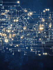 Poster - An intricate design portraying an abstract technological circuit pattern with glowing nodes and interconnected lines in a deep blue background.