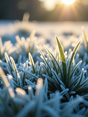 Poster - Frigid Frost Gives Way To Delicate Blades Of Grass As Morning Light Reveals A Breathtaking Contrast Between Harsh Cold And Vibrant Life.