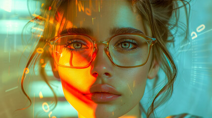 Poster - This image features a captivating woman with glasses, her face glowing softly amid futuristic digital elements that symbolize innovation and beauty.