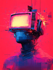 Poster - This striking image presents a humanoid figure with a vintage television set for a head, visually exploring the intersection of technology and identity.