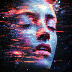 Poster - An artistic portrayal of a human face merging with vibrant digital data, symbolizing the fusion of technology and human emotion.