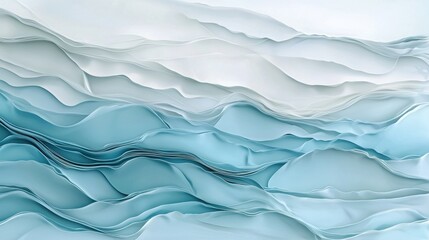 Poster - Swirling layers of paper form harmonious waves that evoke a peaceful oceanic feel, featuring cool blue and soft white colors. The design radiates tranquility and creativity