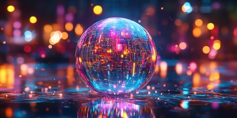Poster - Brightly lit spherical object reflecting vibrant city lights at night