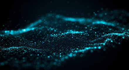 Poster - Abstract teal dot waves flowing on dark background. Futuristic particle data stream visualization for technology banner, presentation, wallpaper, poster or modern design.