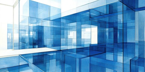 Poster - Abstract blue geometric structures create a modern art space with light and reflection in a minimalist setting
