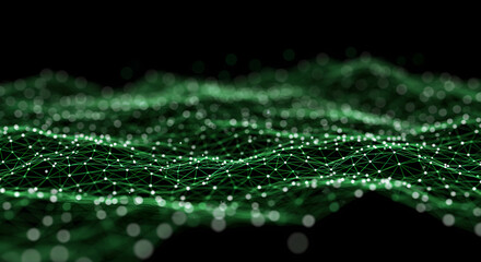 Poster - Abstract green network waving in dark cyberspace for technology and science design. Artificial intelligence, data transfer connection, neural digital net concept