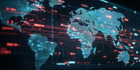 Poster - Digital world map displaying connections and data analysis in a high-tech environment