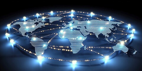 Poster - Global digital network connection represented by illuminated nodes and lines across a world map at night