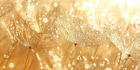 Poster - Morning dew glistens on dandelion seeds illuminated by sunlight in a serene natural setting