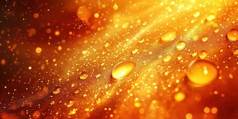 Poster - Drops of golden liquid glistening on a smooth surface illuminated by warm light