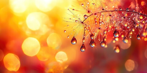 Poster - Raindrops glisten on delicate plant branches as golden light creates a warm atmosphere in nature's beauty