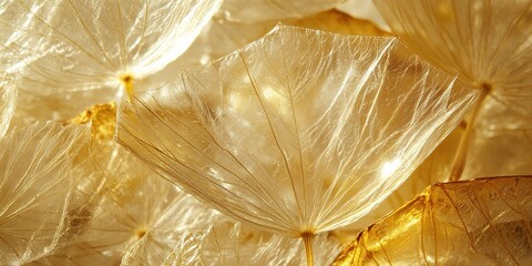 Poster - Translucent golden leaves illuminated by soft light create an enchanting atmosphere in a detailed botanical setting