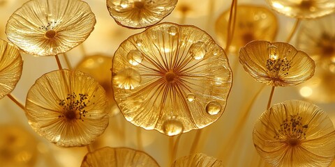 Poster - Delicate golden flowers adorned with water droplets create a stunning display of nature's beauty