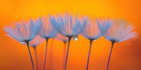 Poster - Delicate flowers glisten with droplets against a warm orange background in a serene natural setting
