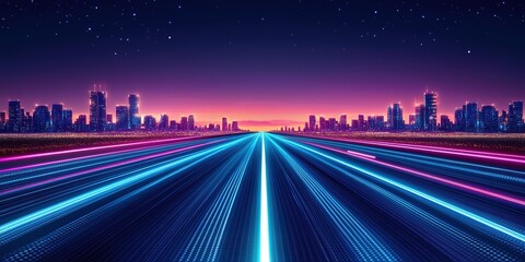 Poster - Vibrant city skyline illuminated by neon lights at dusk with glowing roadways and starry sky