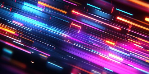 Fototapete - Vibrant neon light trails create a dynamic abstract visual effect in a dark setting during nighttime