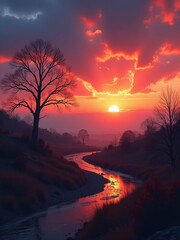 Poster - Dawn Brings Colorful Emergence From Bleak Landscape As Dark Shadows Surrender To Gentle Warmth Of Rising Golden Light.