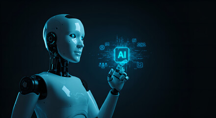 Poster - Artificial intelligence futuristic concept. Futuristic woman using Ai technology touching virtual innovative system. Cyber artificial mind for future industry