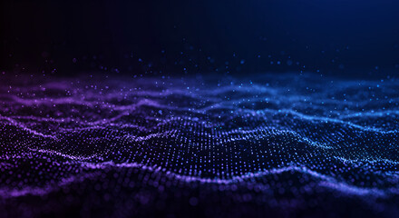 Poster - Modern digital technology wave background. Futuristic glowing particle mesh with violet gradient for presentation, web design and banner advertising