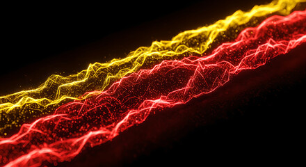 Poster - Yellow and red lines in motion on black background . Energy data waves visualization of abstract digital network, for science presentation or technology banner.