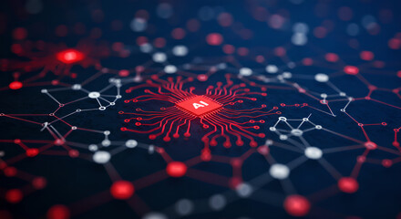Poster - Artificial intelligence neural network for server data. Futuristic concept with central processing unit, machine learning as innovative method in computer science, IT