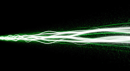 Poster - Green energy beam effect with glowing light streaks, abstract background for science, technology presentation, futuristic wallpaper, eco-friendly power innovation concept