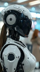 Poster - Humanoid robot engages with humans in a futuristic, high-tech setting filled with advanced technology