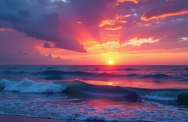 Poster - A Vibrant Sunset Is Painted Across The Sky With Colors, Accompanied By The Soothing Rhythm Of Waves And A Peaceful Fading Light.