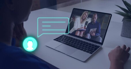 Poster - Person watching video call on laptop with chat icon animation overlay