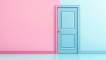 Poster - Stunning Pastel Door On Vibrant Blue And Pink Wall: Beautifully Rendered Artwork Capturing Creativity And Bold Color Combinations.