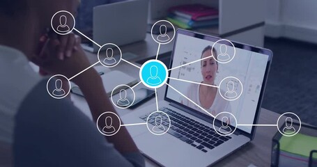 Poster - Participating in virtual meeting, person connecting with network on laptop screen