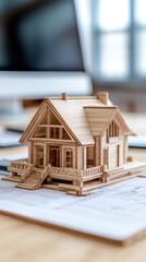 Poster - Wooden house miniature resting on construction blueprints, symbolizing architectural planning and design process in professional workspace