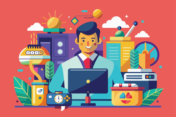 Poster - A cheerful individual engages with a computer while creative gadgets and plants surround the workspace vibrantly, Tv show Customizable Flat Illustration