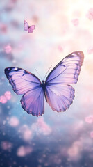 Poster - Purple butterfly hovering near soft pink petals, generating ethereal bokeh effect with dreamy pastel background