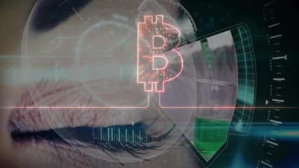 Poster - Bitcoin symbol overlaying eye with animation, representing digital finance in laboratory