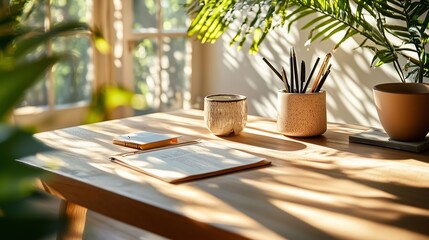 Aufkleber - Sunlit workspace with plants and stationery creating a serene atmosphere for productivity in the morning