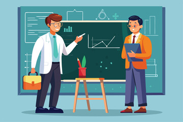 Aufkleber - Two men engage in a discussion about scientific formulas in a classroom with a blackboard, Two men near blackboard with formulas,