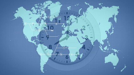 Poster - Animation of world map with clock face and network connections overlaying continents