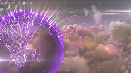 Poster - Glowing purple digital globe with animation lines over cloudy sky background