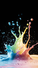 Leinwandbilder - Rainbow paint splattering, forming regal crown pattern on dramatic black backdrop, expressing colorful artistic energy