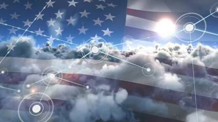 Poster - American flag with animation of digital network connections over clouds and sunlight