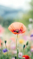 Aufkleber - Close-up of a vibrant orange poppy flower with a blurred background of various colorful flowers and a soft bokeh effect